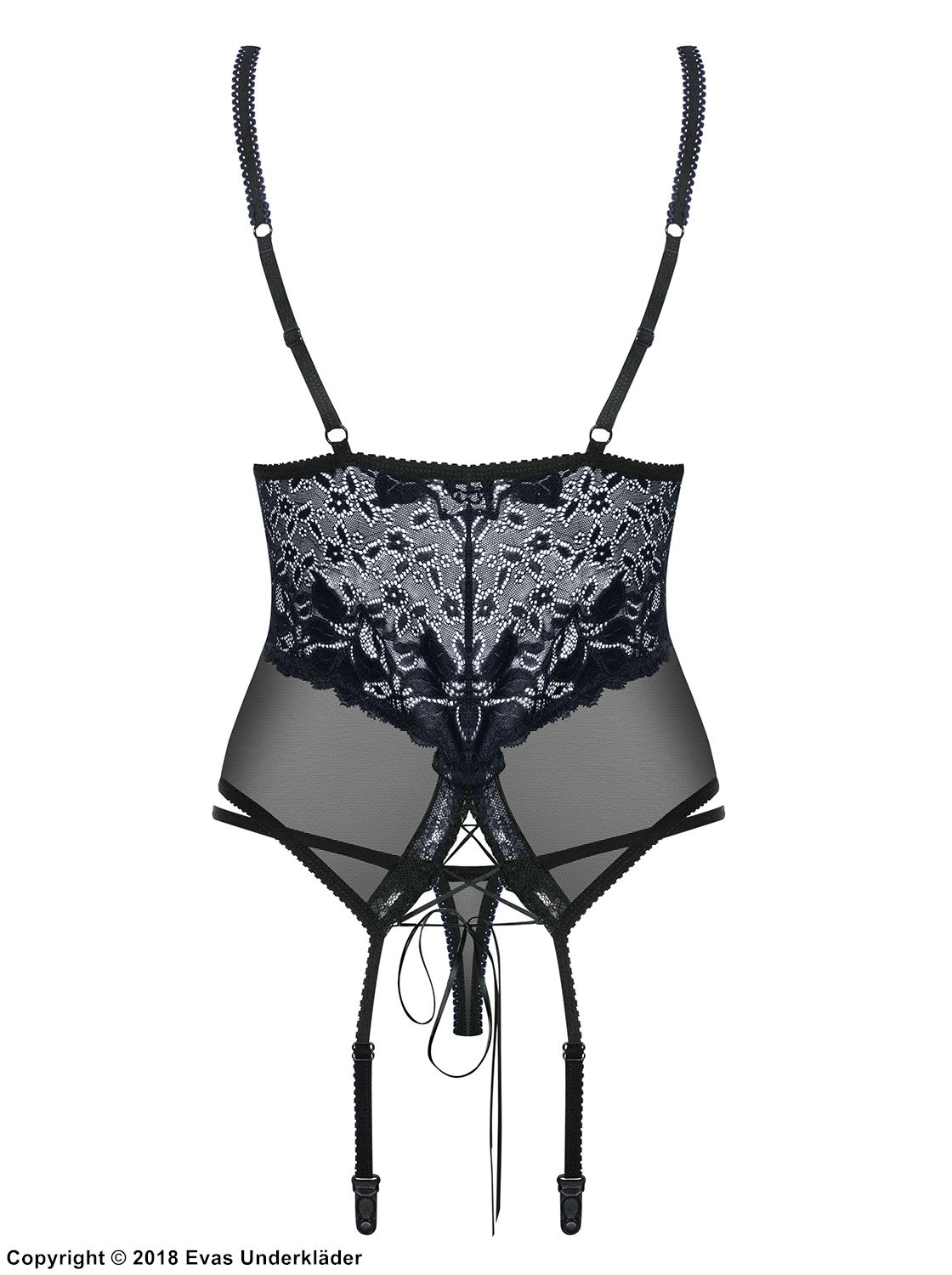 Sexy bustier, see-through mesh, lace panel, garters